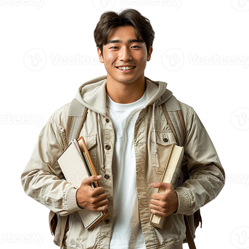 Asian young man college student is smiling and holding a backpack and several books png