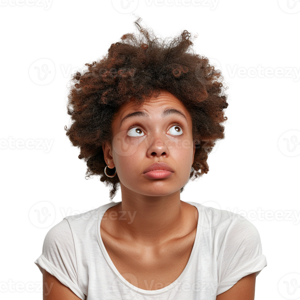 Young african woman with curly hair is looking up at the camera with her eyes wide open. She is deep in thought or contemplating something png