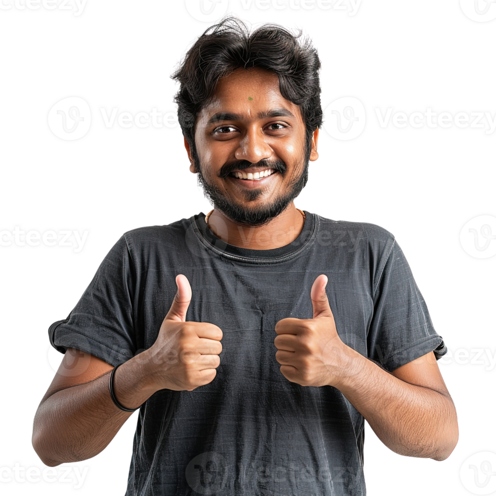 A man with a black shirt and a beard is giving a thumbs up. He is smiling and he is happy png