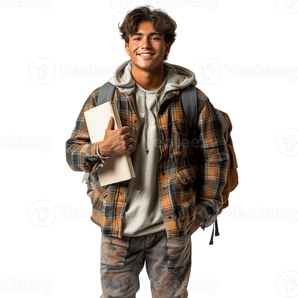 A young man wearing a plaid jacket and jeans is smiling and holding a book and a backpack png