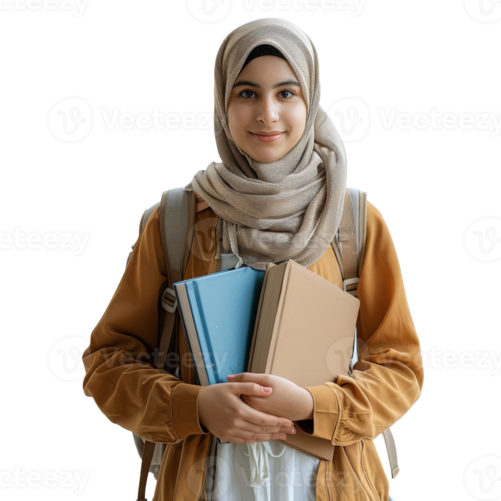 A young woman college student wearing a scarf and a backpack is holding three books. She has a smile on her face, which suggests that she is happy and excited about the books she is holding png