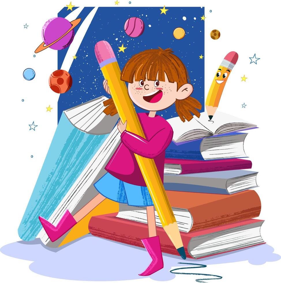 Smiling school girl holding a pen studying science with the smiling pen vector
