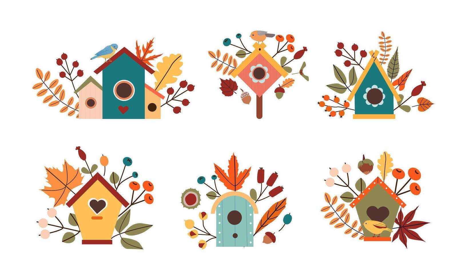 illustration of autumn print with cute doodle bird on birdhouse and colored leaves . Autumn set of hand drawn cute cozy design elements. Fall, Thanksgiving Day, Autumn season. vector