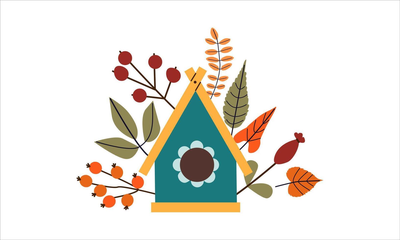illustration of autumn print with cute doodle bird on birdhouse and colored leaves . Autumn set of hand drawn cute cozy design elements. Fall, Thanksgiving Day, Autumn season. vector