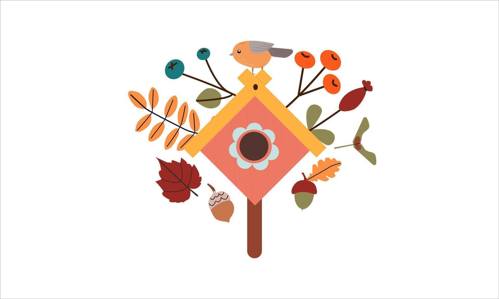 illustration of autumn print with cute doodle bird on birdhouse and colored leaves . Autumn set of hand drawn cute cozy design elements. Fall, Thanksgiving Day, Autumn season. vector
