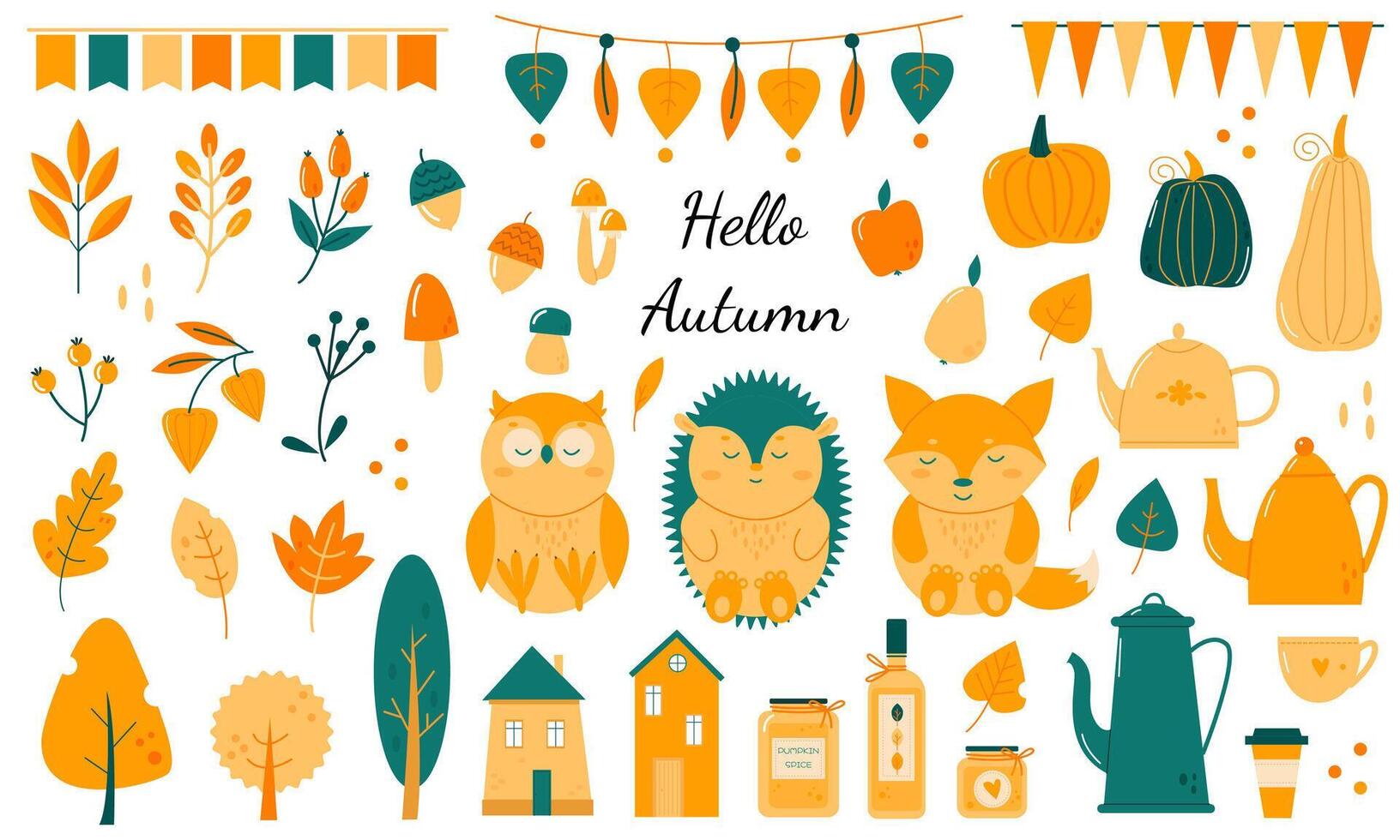 A large set of seasonal fall elements on a white background vector