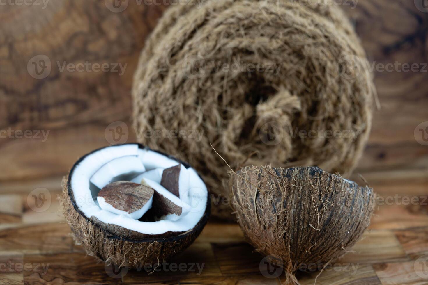 Copra dried pulp and ropes made from fibers of the coconut Cocos nucifera photo