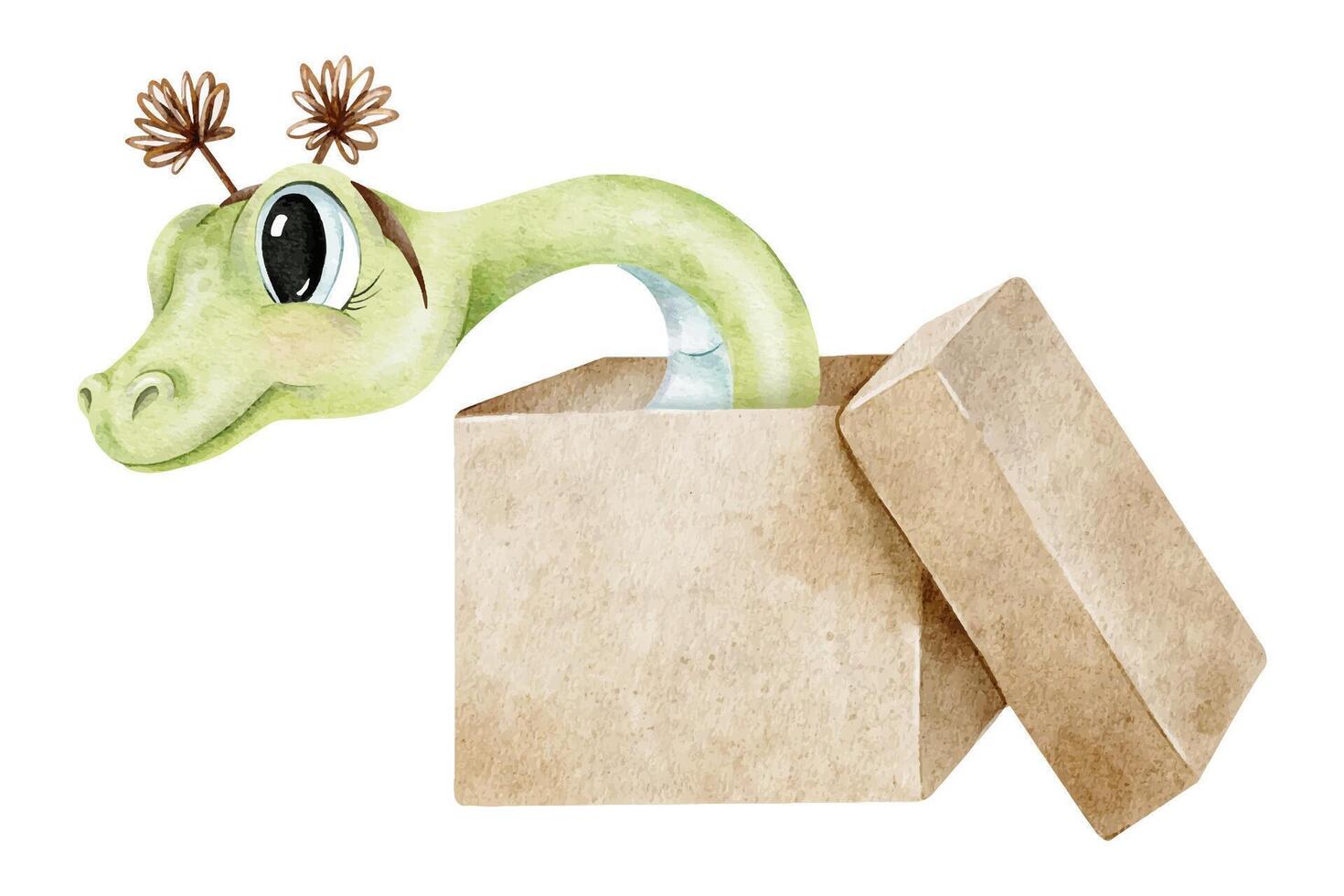 Funny green snake with rim got out of the box. Year of the snake. Sign Chinese New Year 2025. Isolated hand drawn Watercolor illustration. Symbol of the 2025 for Christmas cards, calendar vector