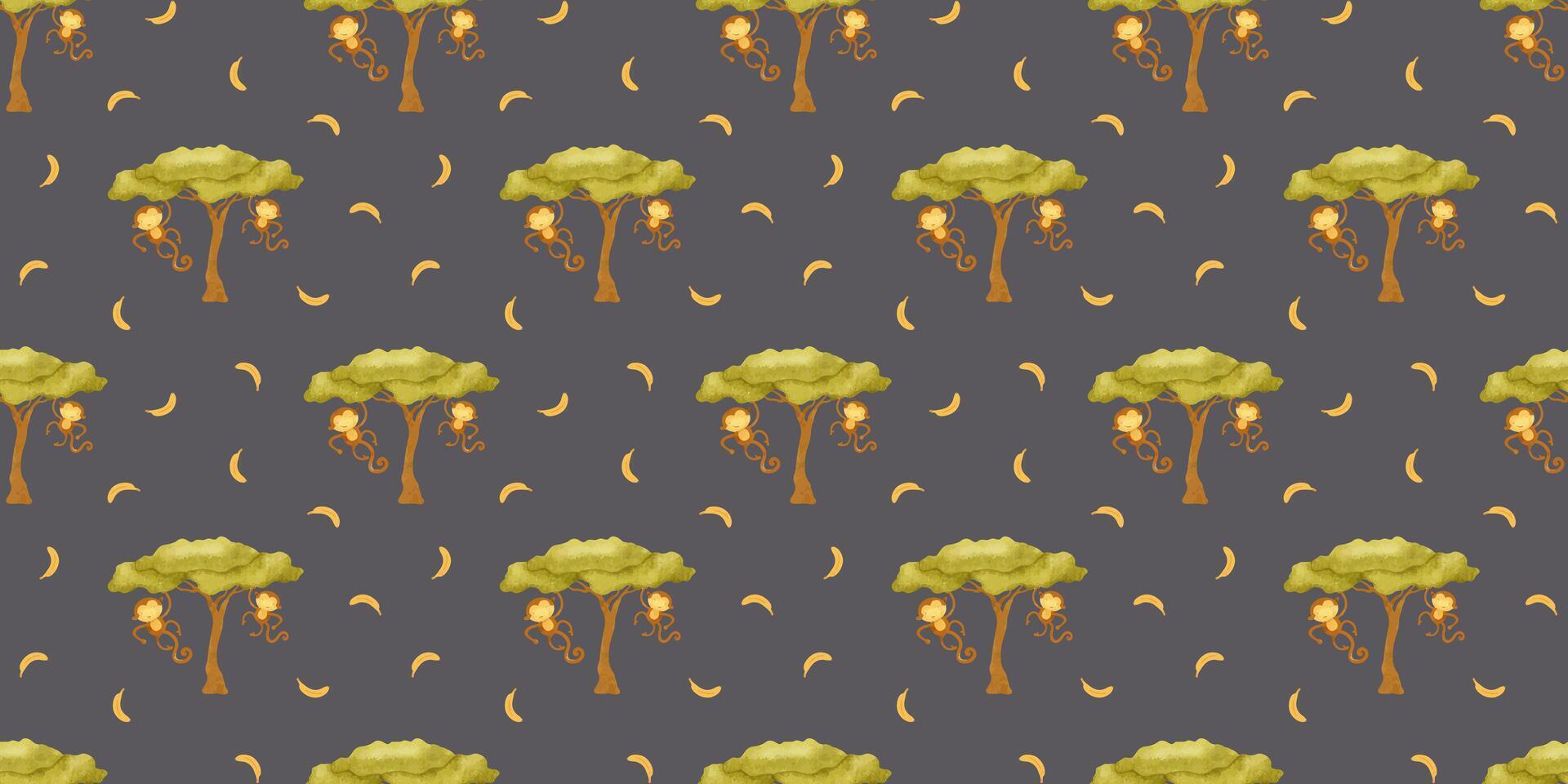 Cute monkeys hanging on tree. Childish background of African jungle animal. Print with macaques and bananas. Watercolor seamless pattern for design kid's goods, cards, postcards, fabric, scrapbook vector