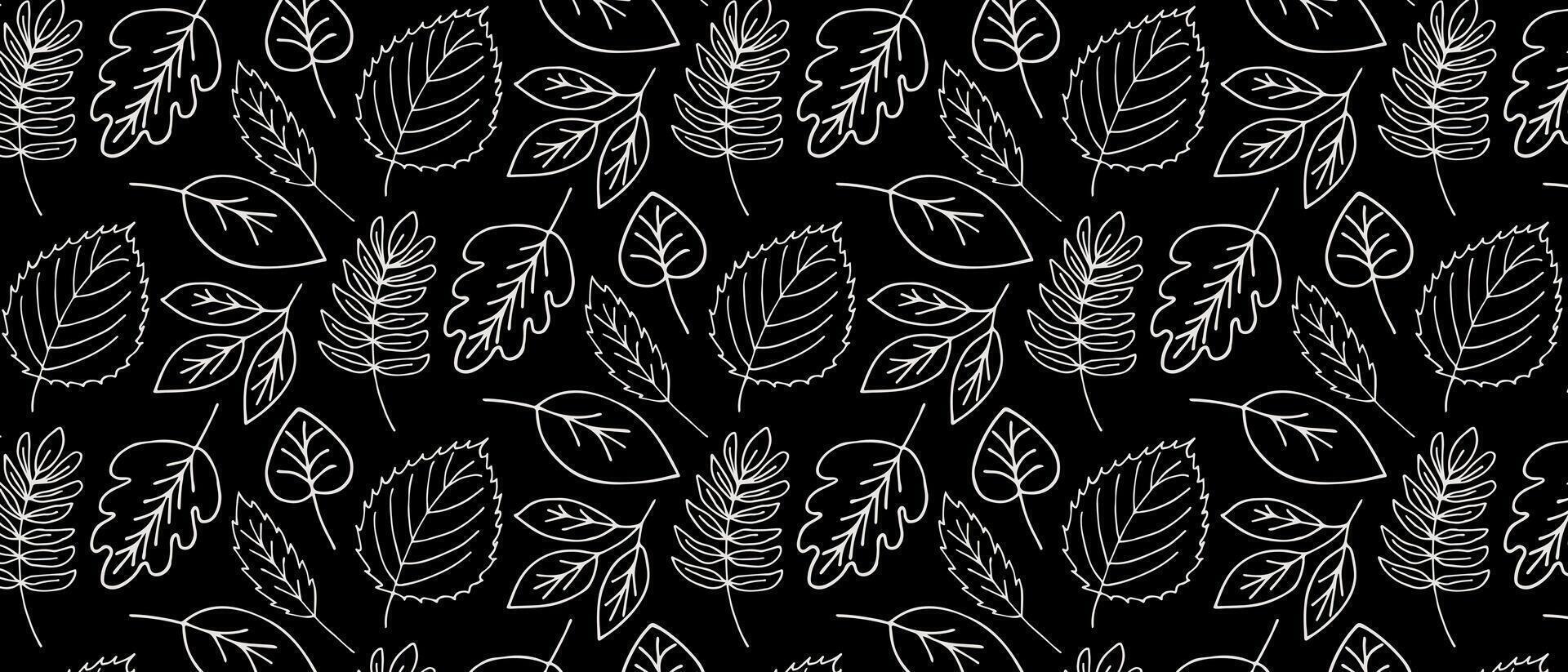 Pattern with white outline autumn leaves. Collection of hand drawn leaves. vector