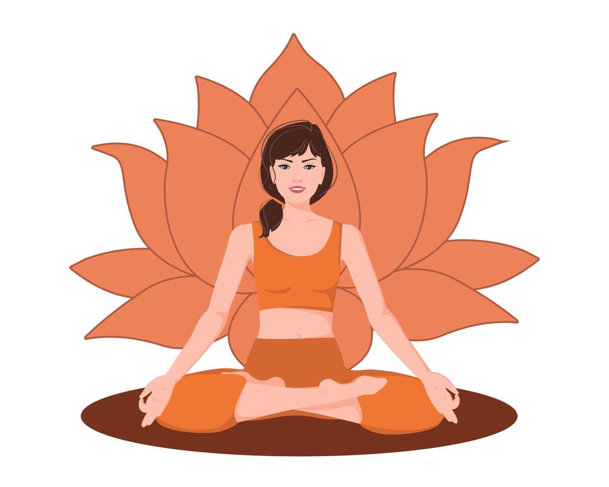 Brown brunette hair woman meditating with a flower behind. Female cartoon character demonstrating various meditation positions isolated on light background. Colorful flat illustration for spiritual. vector