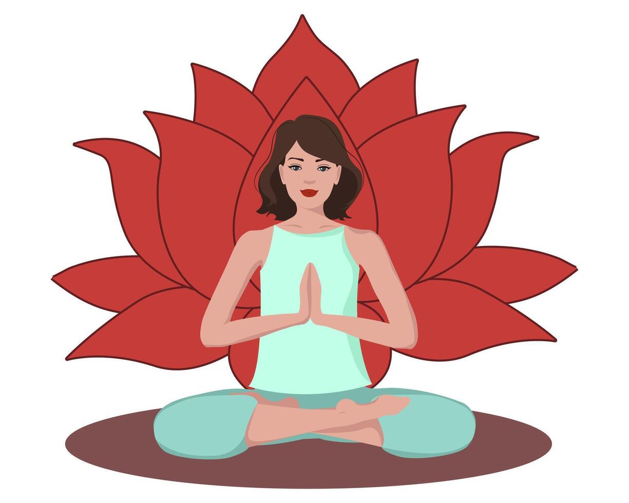 Brown brunette hair woman meditating with a flower behind. Female cartoon character demonstrating various meditation positions isolated on light background. Colorful flat illustration for spiritual. vector
