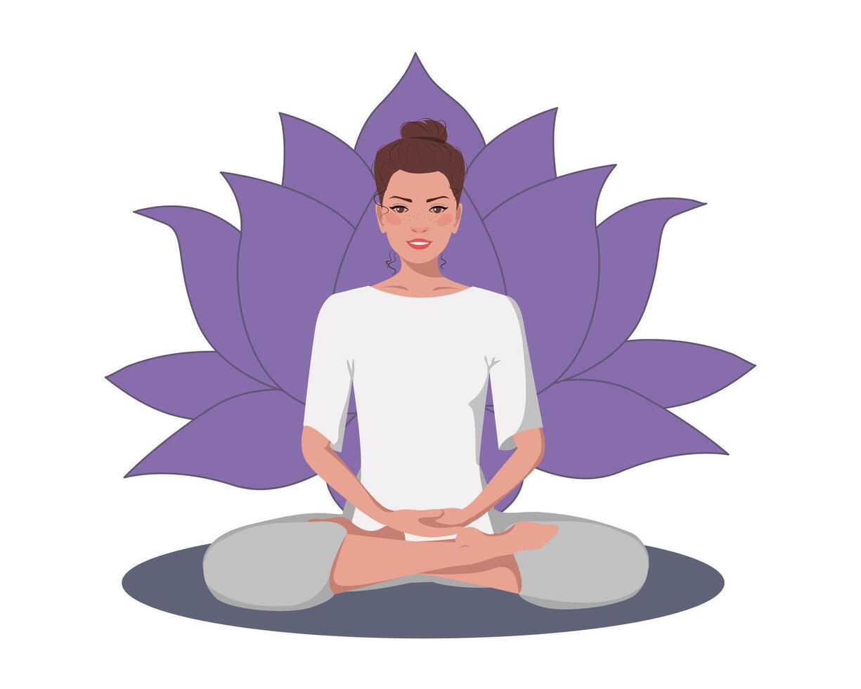 Brown brunette hair woman meditating with a flower behind. Female cartoon character demonstrating various meditation positions isolated on light background. Colorful flat illustration for spiritual. vector