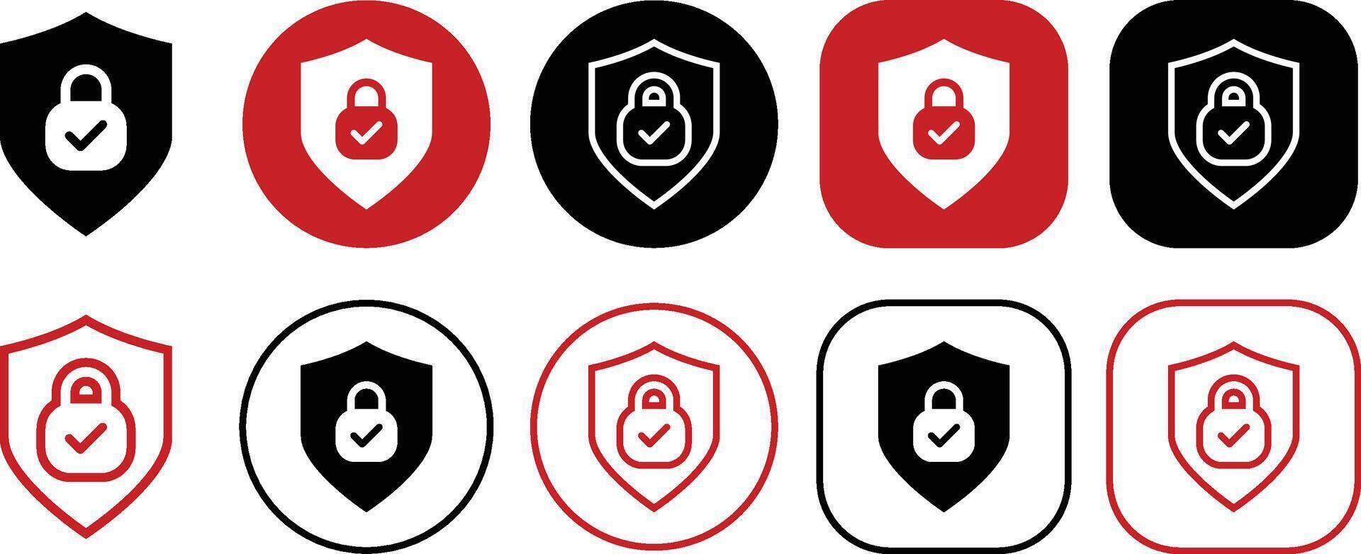 Shield Secure Check Lock Solid and Outline Icon Set vector