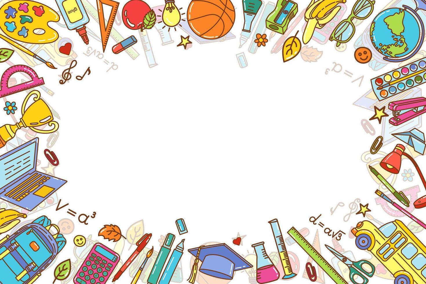 Colorful school themed border illustration with educational supplies and tools. School frame vector