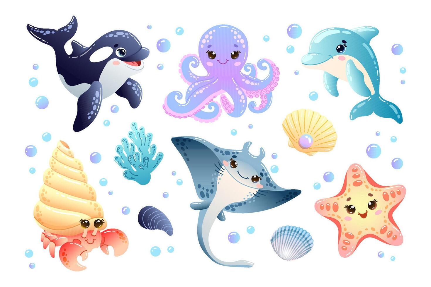 Adorable sea creatures set with cute whale, hermit crayfish, octopus, dolphin, stingray and starfish vector