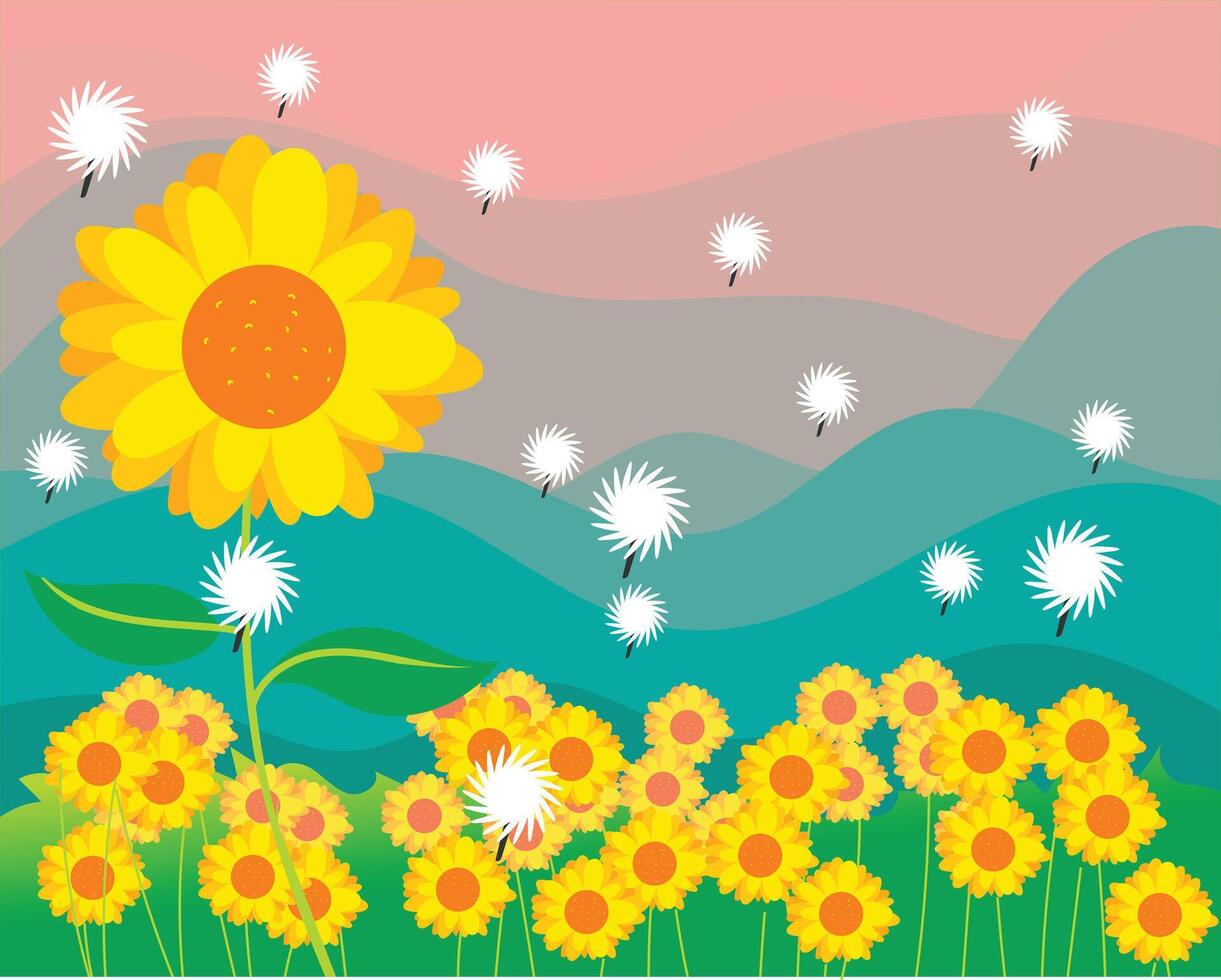 sunflower garden with dusk landscape background vector