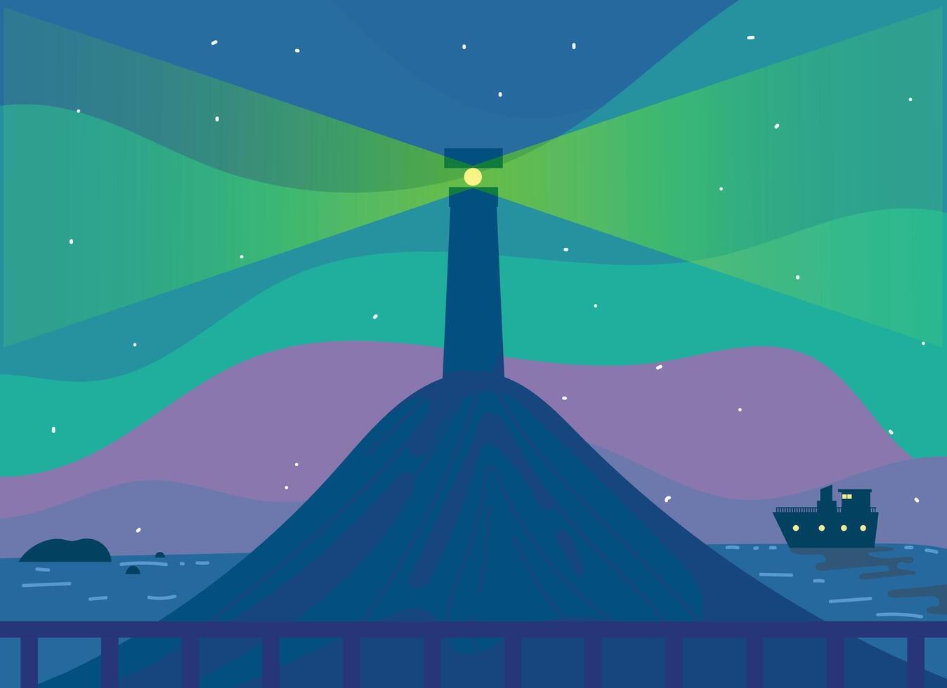 background wallpaper landscape, beach with lighthouse and its lights, from a distance you can see ships and coral vector