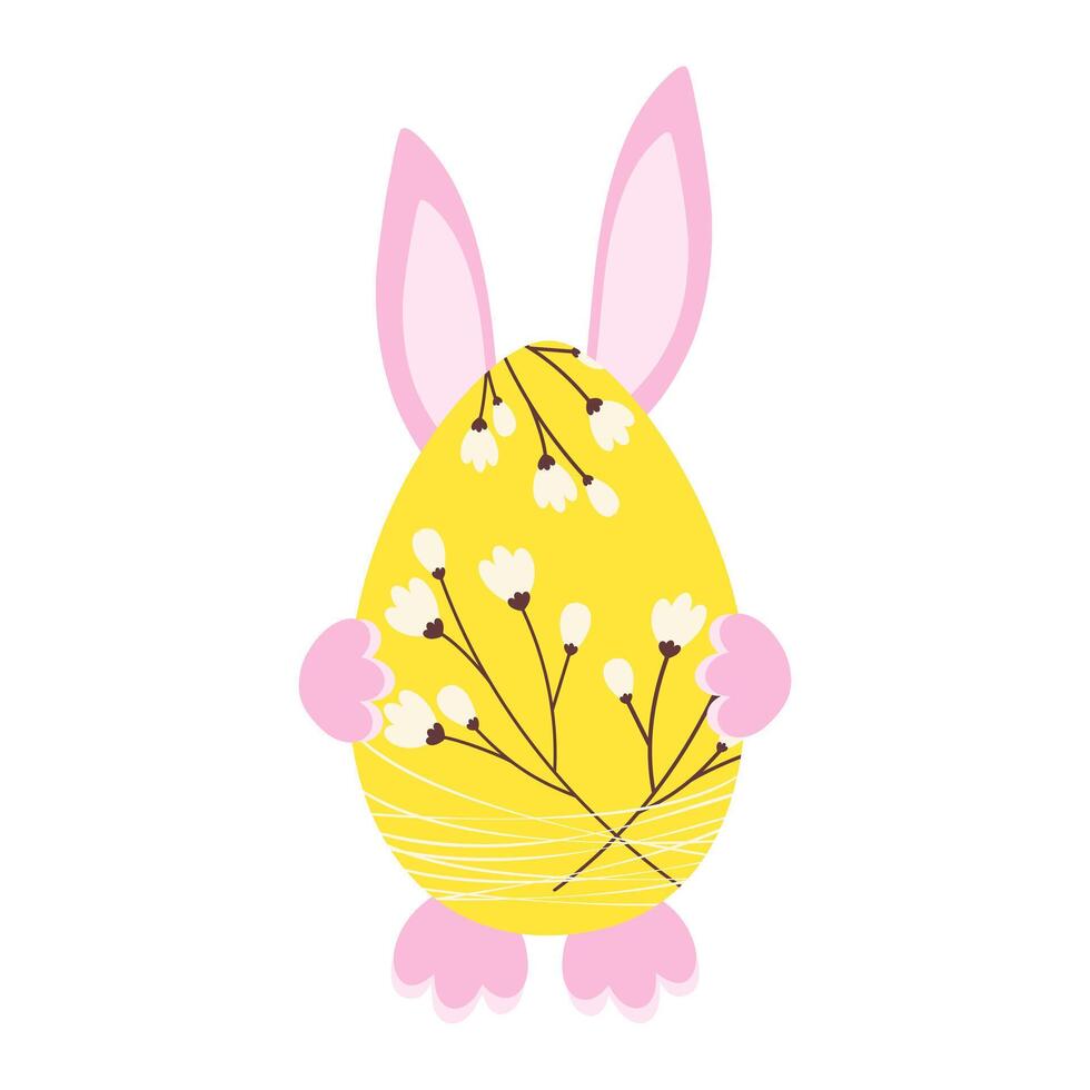 Easter egg with flower decor and soft pink bunny ears and paws behind. Greeting design element idea. Isolated on white illustration. Cards, posters, banner, label or web, promo design concept vector