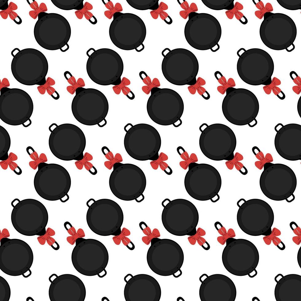 Fry pan with handle and red bow Seamless pattern in cartoon style. Top view. Isolated Background Texture. illustration. Wrapping, wallpaper or web, cards, posters, banner, price, label concept vector