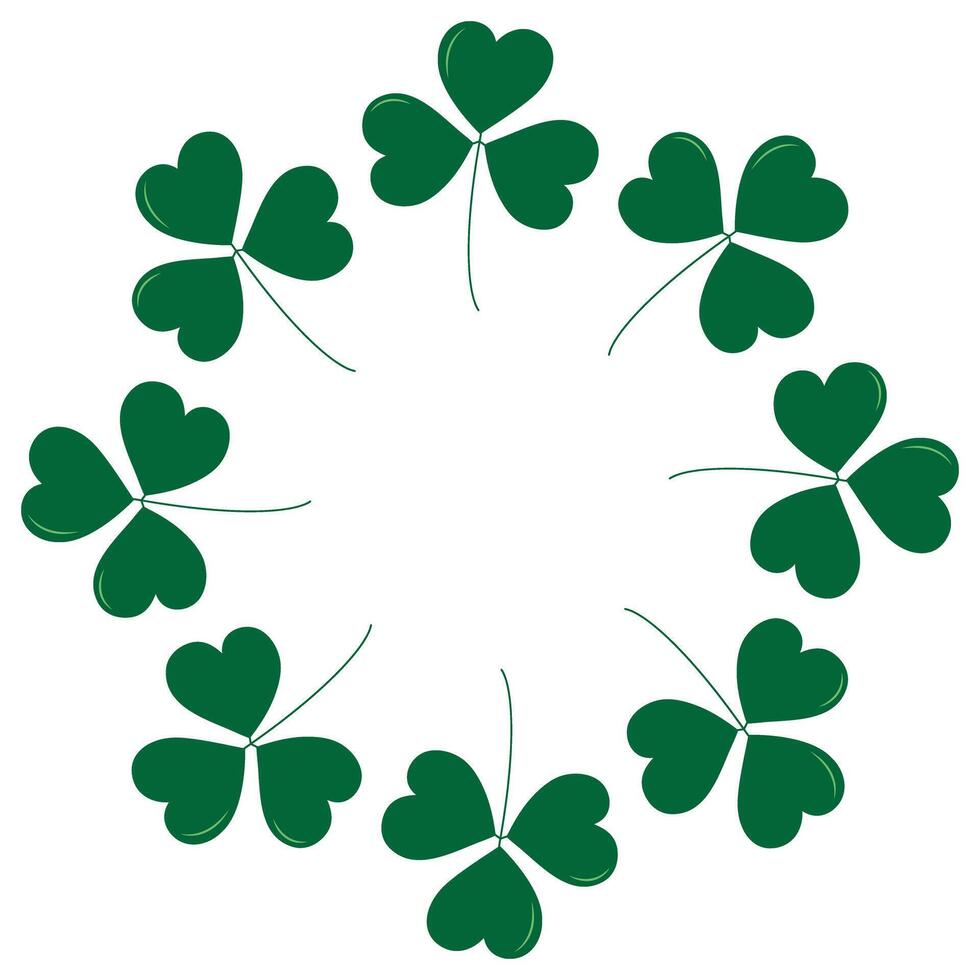 Abstract round frame of shamrocks in trendy green. Monochrome Copyspace. Greetings design concept. Isolated EPS Cards, lettering, poster, banner, brochure, price tag, label or web, promo idea vector