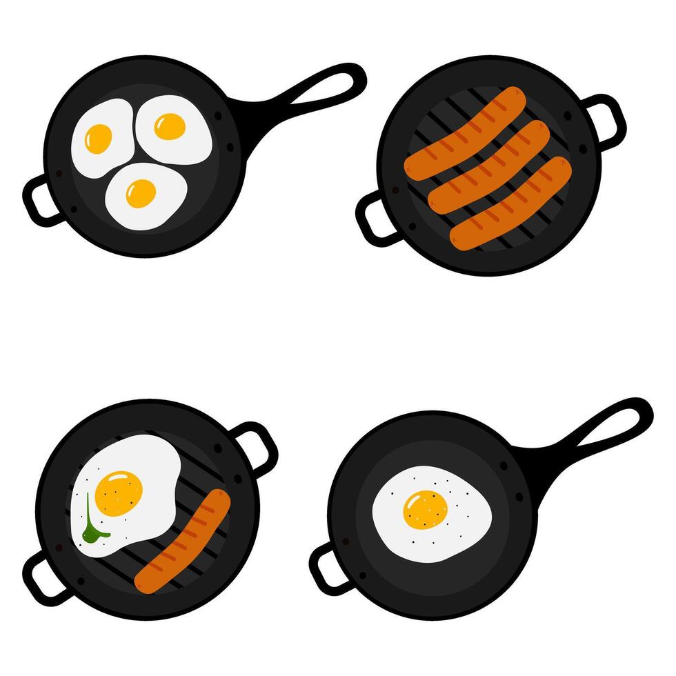 Grill and frying pans with Fried eggs, salt, pepper and greens leaf, sausages Top view. Set of 4. Hand drawn Culinary food poster or banner, card menu, brochure, price tag, web design elements vector
