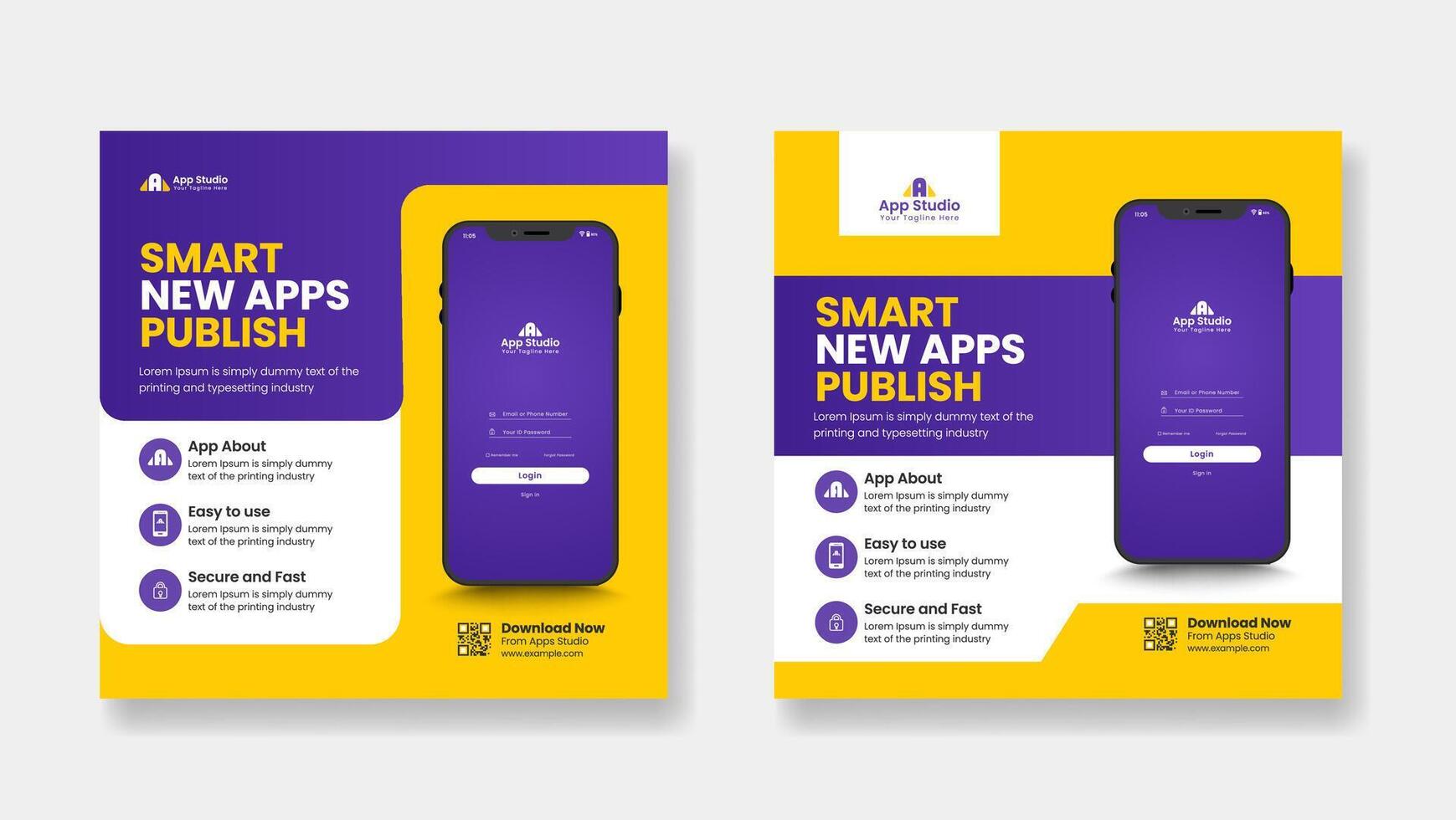 Mobile apps promotion social media post and web banner template. apps, mobile mockup, poster, flyer, brochure, leaflet, banner. vector