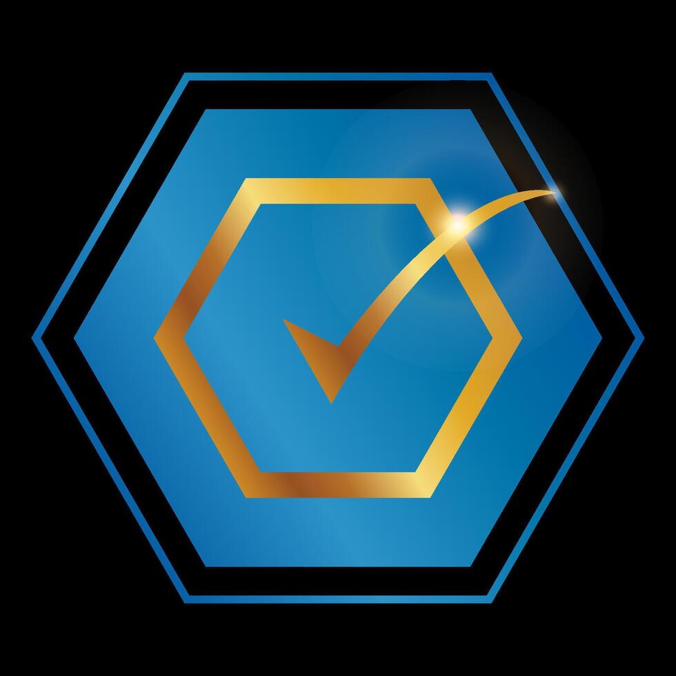 gold check mark icon circle gold certification seal blue gradient background vector