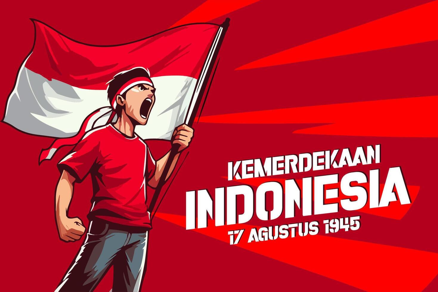 template man with indonesian flag indonesian independence theme august 17, 1945 vector