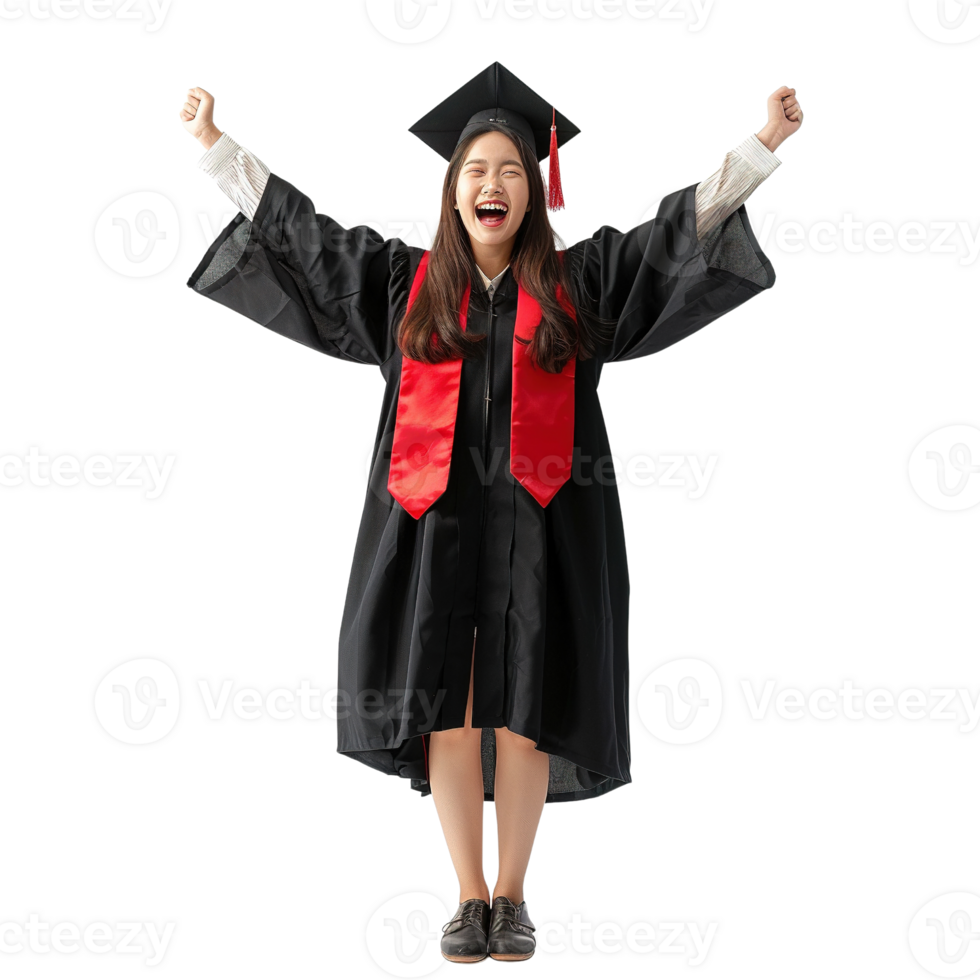 A woman in a black graduation gown with a red and white sash is smiling and waving. She is celebrating her graduation png