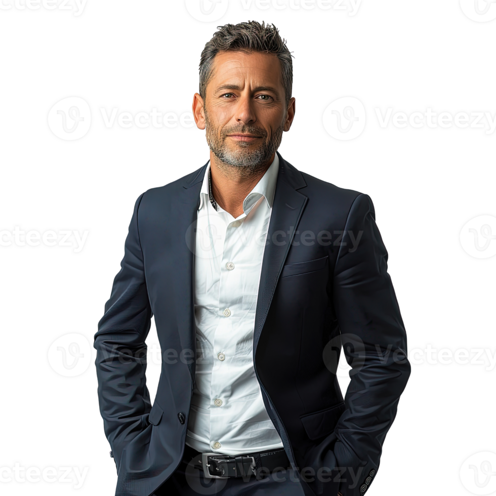 A man in a suit and white shirt poses for a photo. He looks serious and professional. Concept of formality and confidence png