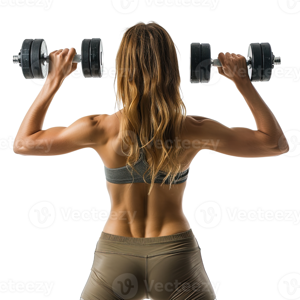 A woman is lifting weights with dumbbells. She is wearing a grey tank top and tan pants png
