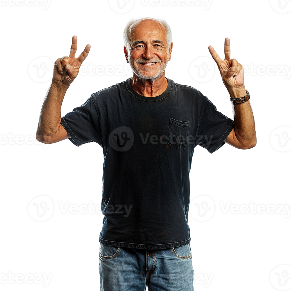 A man in a black shirt and blue jeans is smiling and holding up his hands in a peace sign png