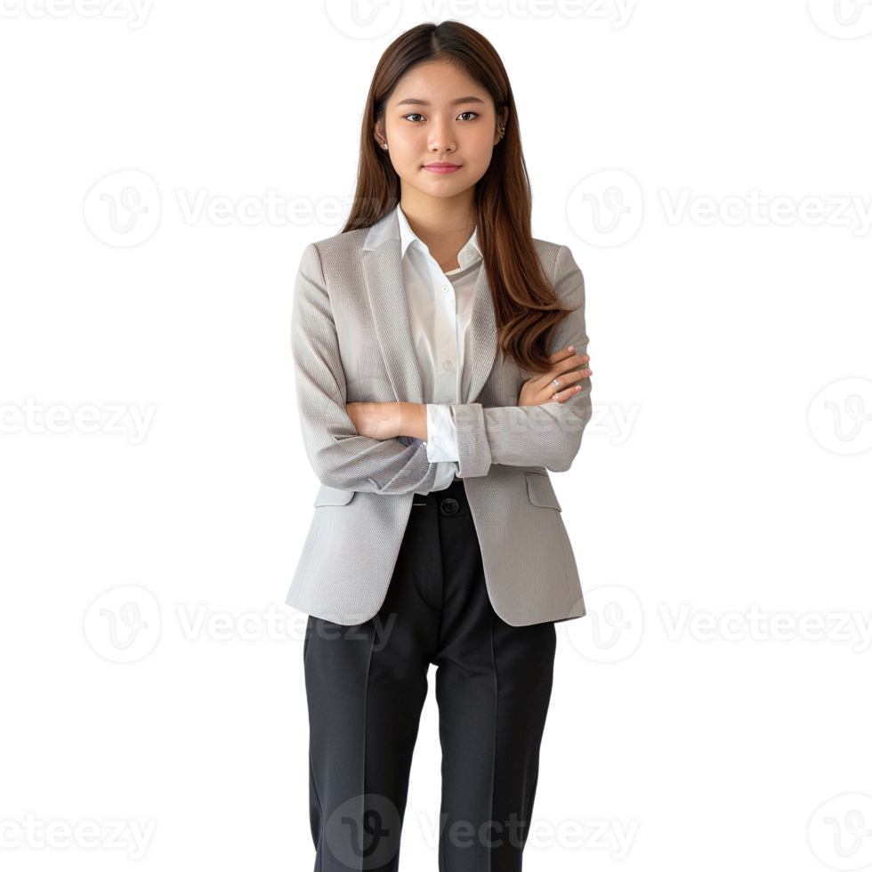 A woman in a business suit is standing with her arms crossed. She is wearing a white shirt and black pants png