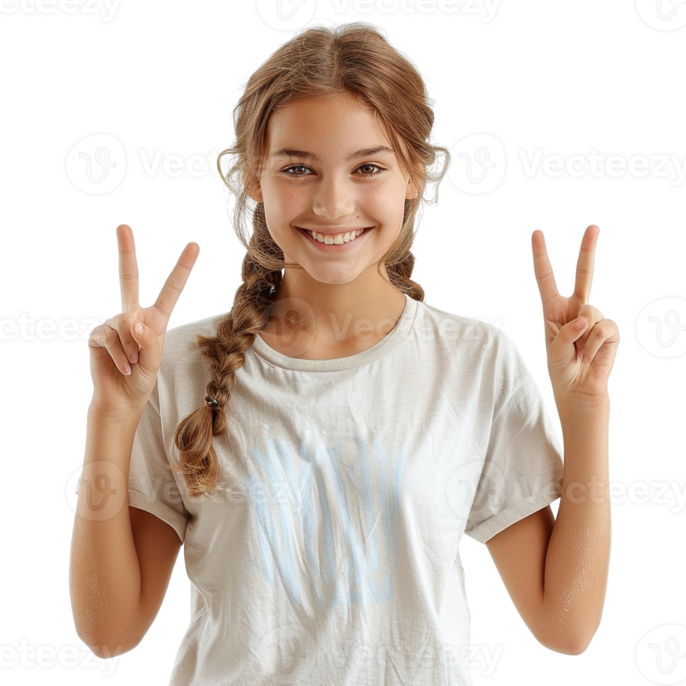 une fille est souriant et en portant en haut sa mains dans une paix signe png