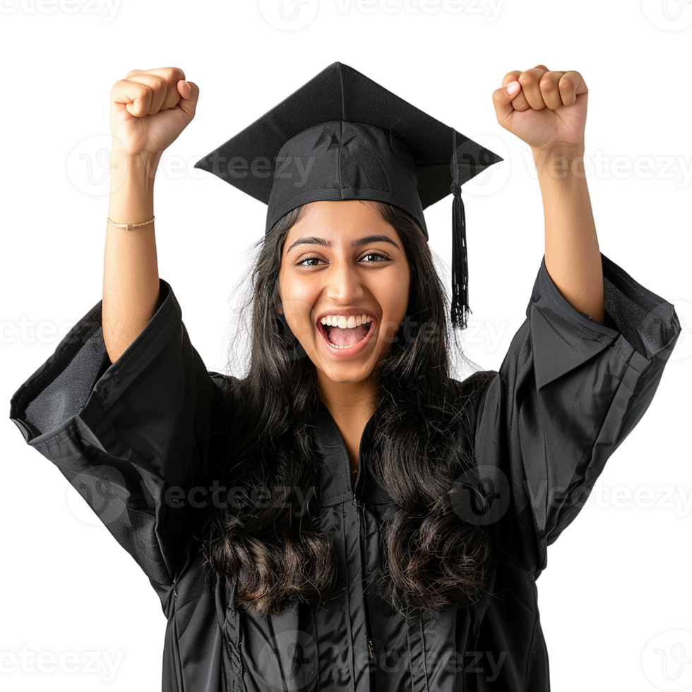 A woman in a graduation gown is smiling and holding her hands up in the air. She is wearing a black cap and gown and she is celebrating her graduation png