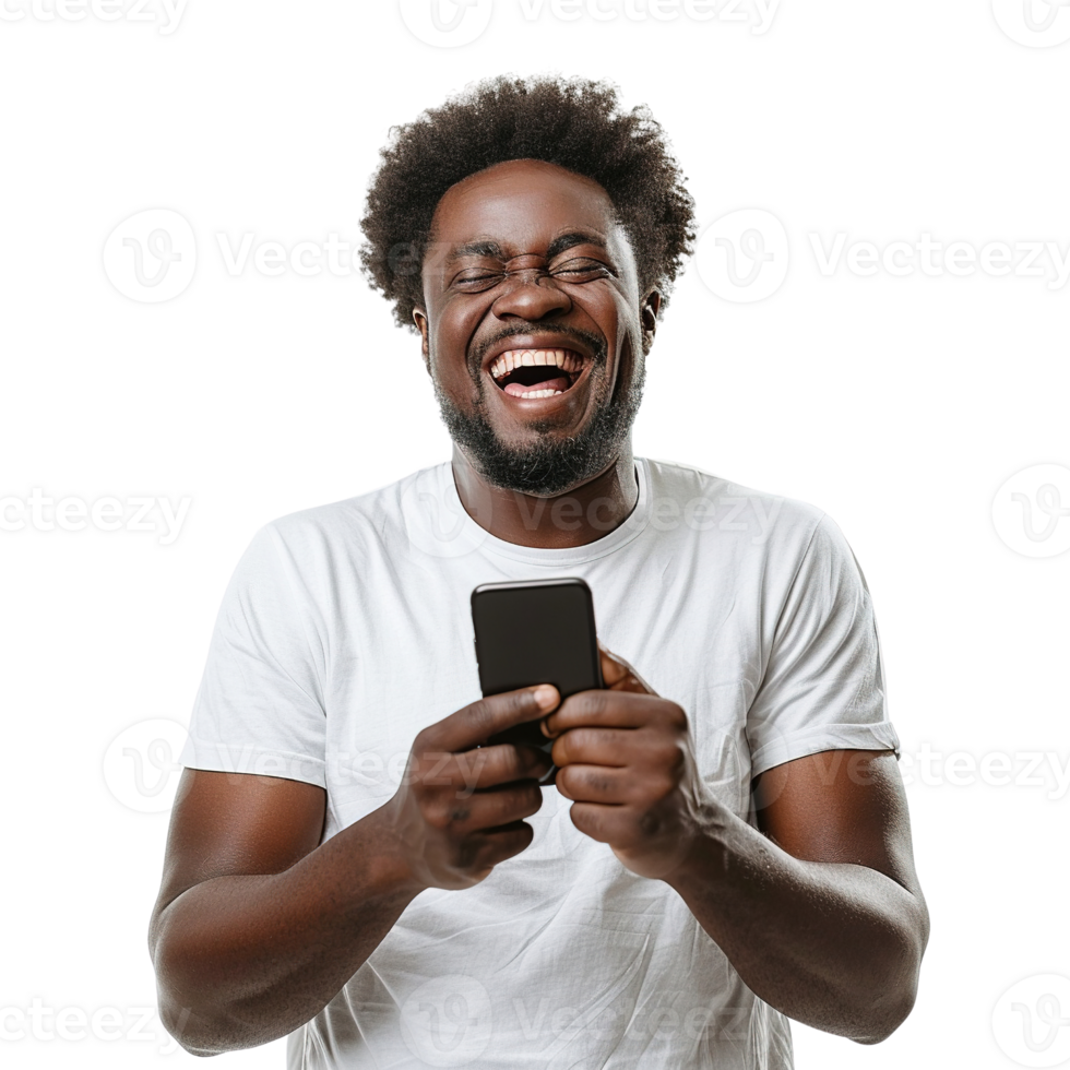 A man with a beard is holding a cell phone and smiling. He is happy and enjoying himself png