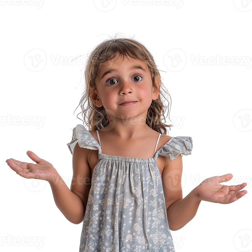A young girl is wearing a dress and is looking at the camera with a surprised expression png