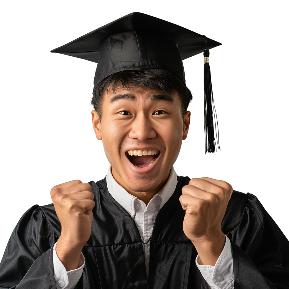 A man in a graduation cap and gown is smiling and raising his hands in the air. Concept of accomplishment and joy, as the man is celebrating his graduation png