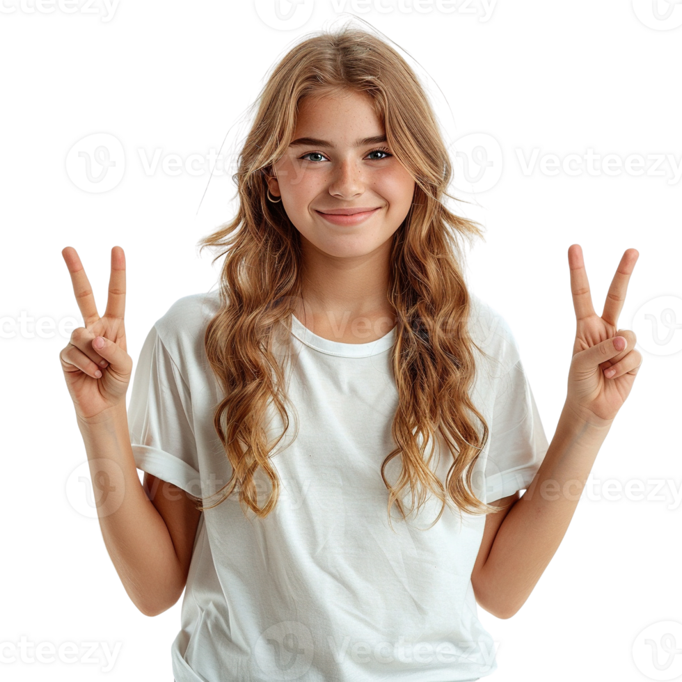 A girl with long hair is smiling and holding up her hands in a peace sign. Concept of calm and positivity png
