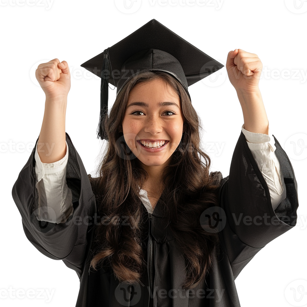 A woman in a graduation gown is smiling and holding her hands up in the air. Concept of accomplishment and joy as the woman celebrates her graduation png