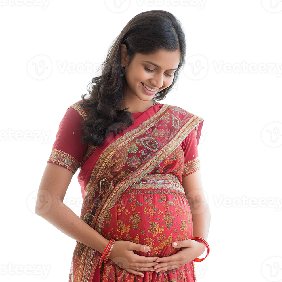 A woman is wearing a red sari and is pregnant png