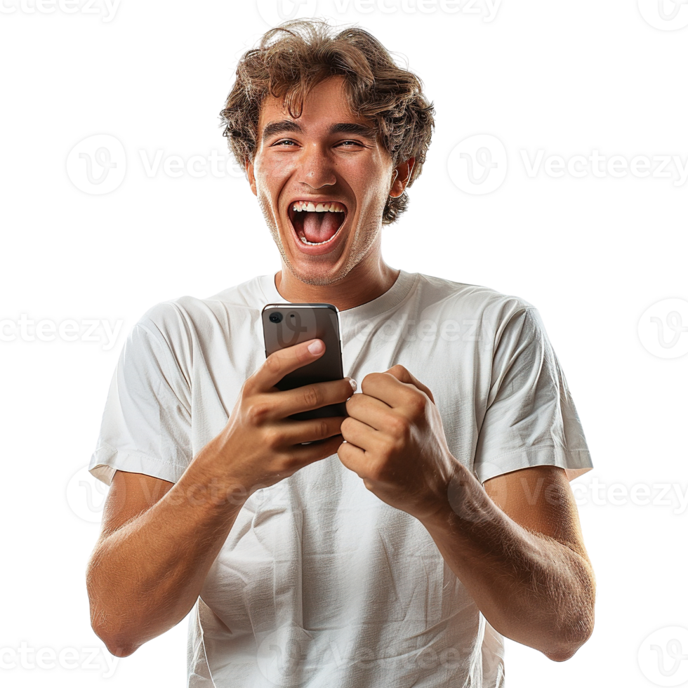 A man is holding a cell phone and laughing. He is smiling and he is happy. Concept of joy and amusement png