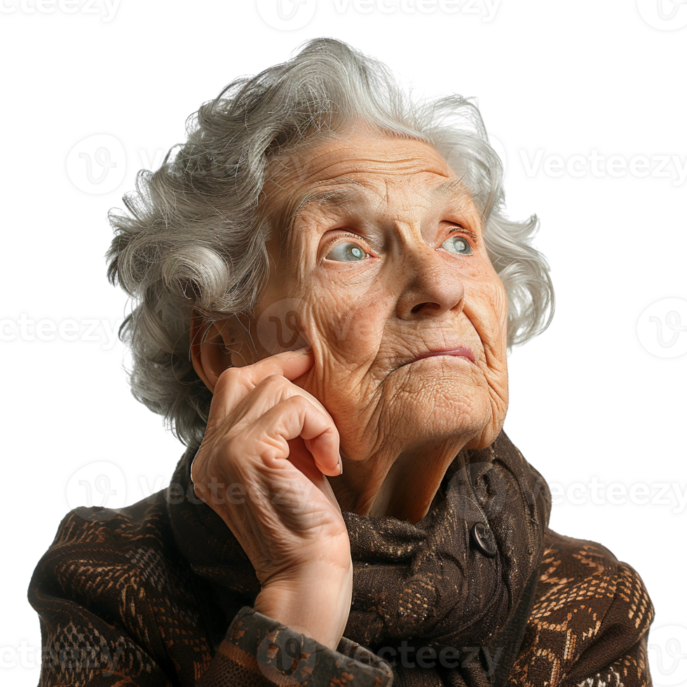 An old woman with a scarf on her neck is looking up at the camera. She is deep in thought, possibly pondering a question or contemplating something. Concept of wisdom and introspection png