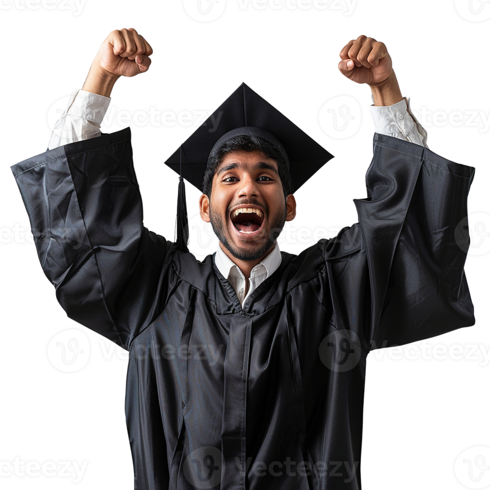 A man in a black graduation gown is smiling and raising his hands in the air. Concept of accomplishment and joy, as the man has just graduated from college png