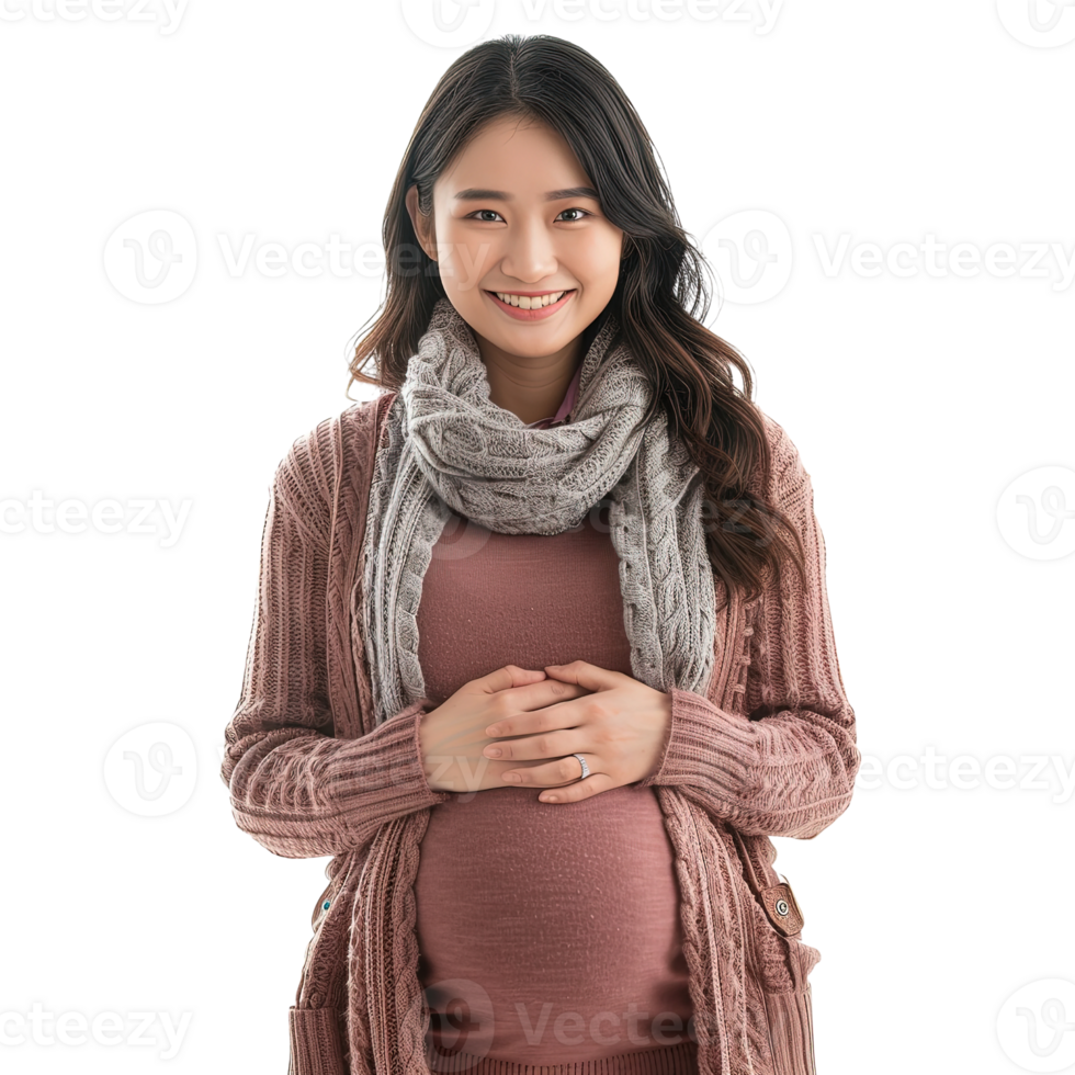 A woman is wearing a pink sweater and a scarf. She is smiling and holding her stomach. Concept of warmth and comfort, as the woman is likely pregnant and enjoying the pregnancy png