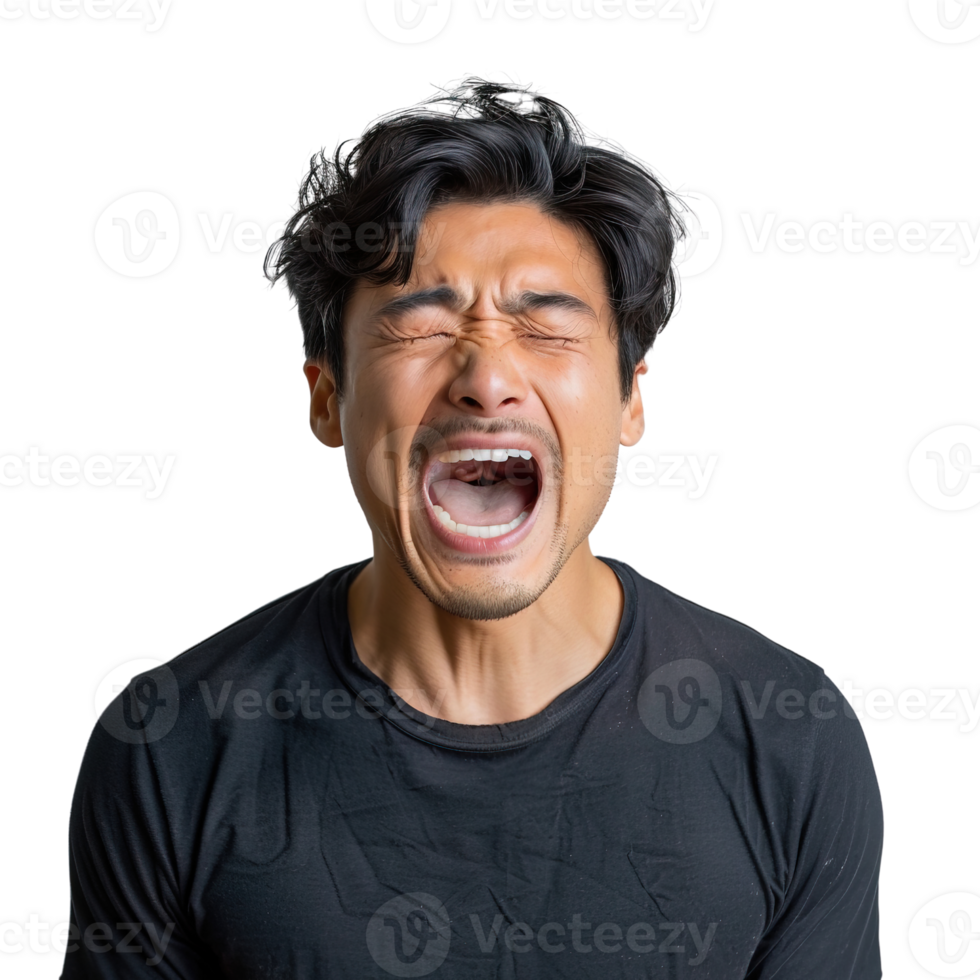 A man is crying and his mouth is open. Concept of sadness and vulnerability png