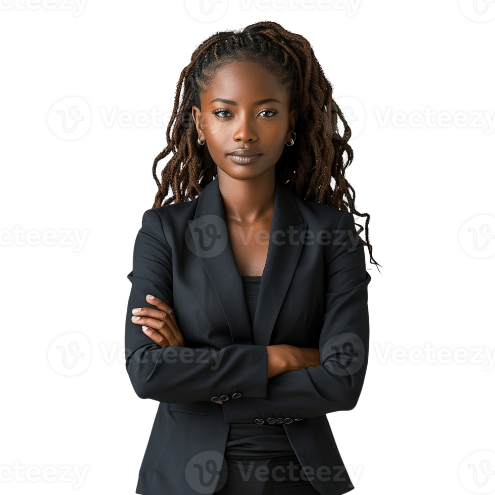 A woman in a black suit is standing with her arms crossed. Concept of professionalism and confidence png