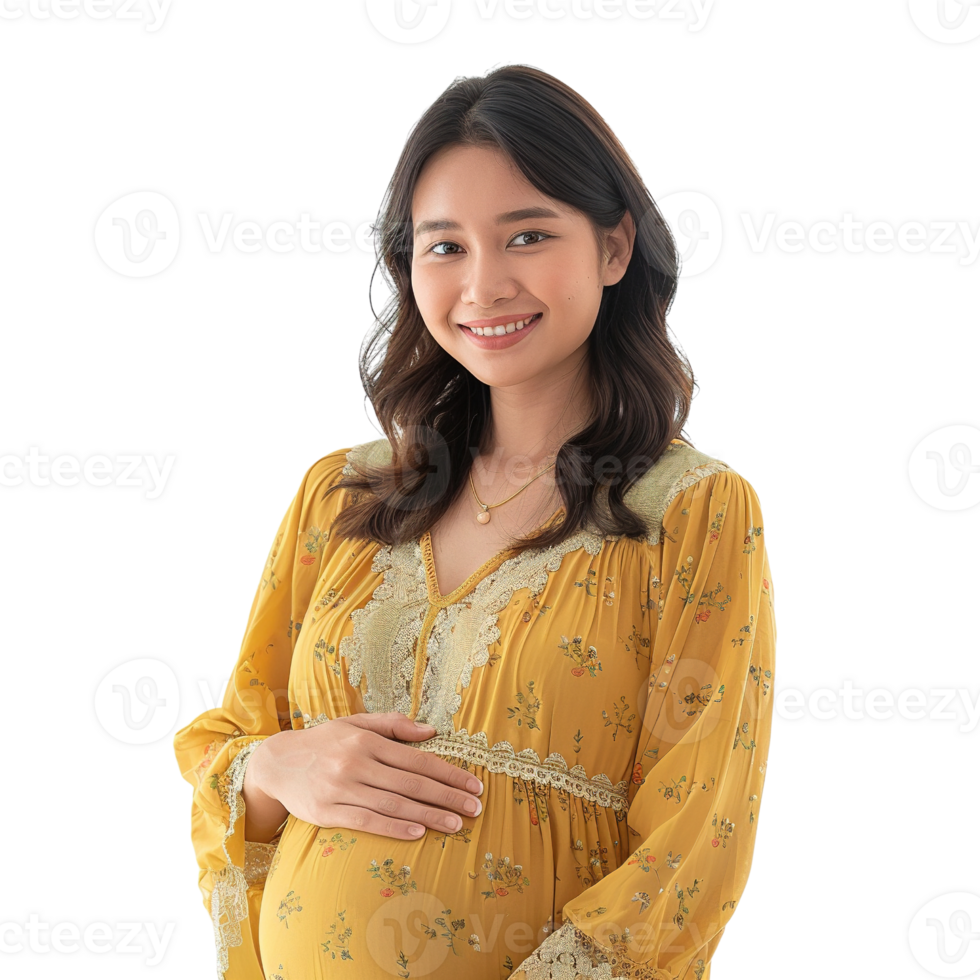 A woman is wearing a yellow dress and smiling. She is pregnant and she is happy. The dress has a floral pattern and is long-sleeved png