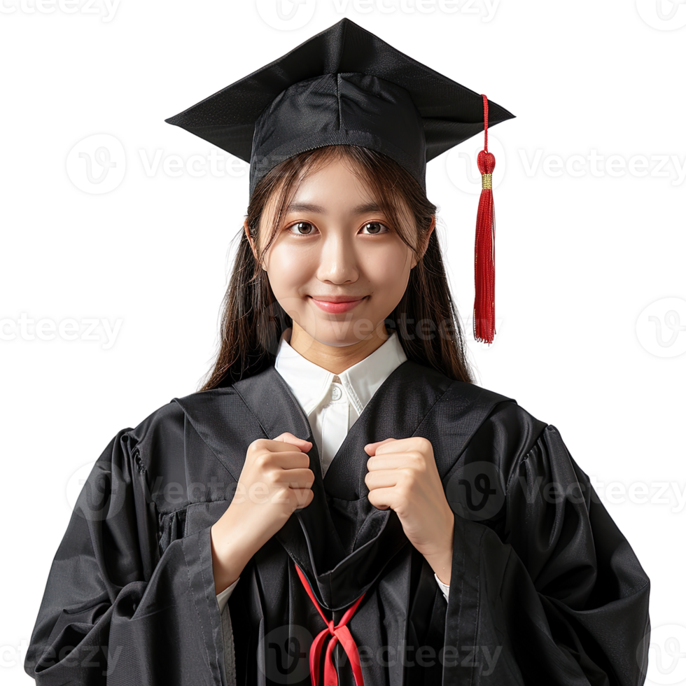 A woman in a black graduation gown with a red tassel on the top of her hat png